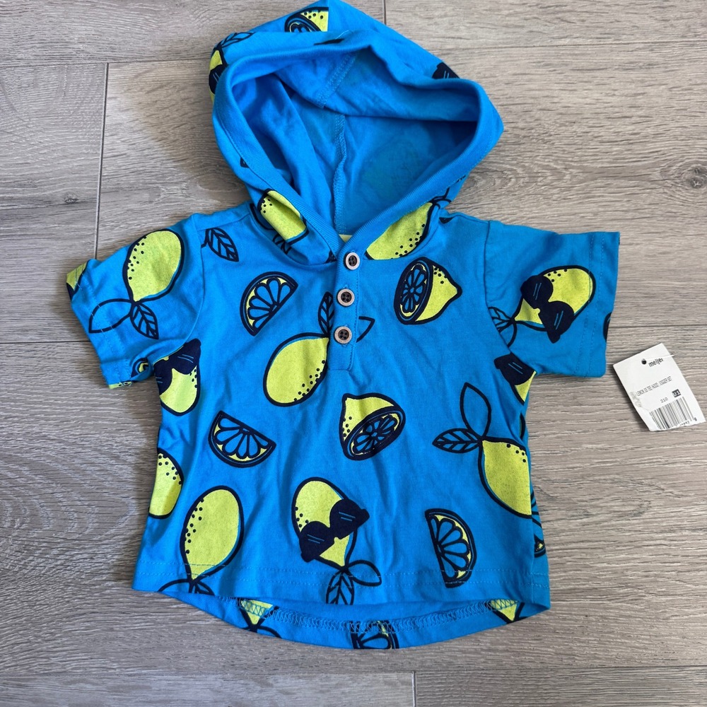Miniville Baby Boy Blue Lemon Print Hooded Short Sleeve Henley Shirt 3 Months